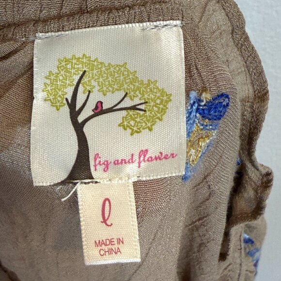 Fig and Flower Embroidered Boho Peasant Blouse Top Large Brown Blue Floral - Picture 5 of 6